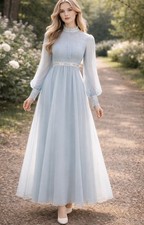 Vintage 70s Prairie Dress Blue Chiffon High Neck Lace Trim Cottagecore Size XS