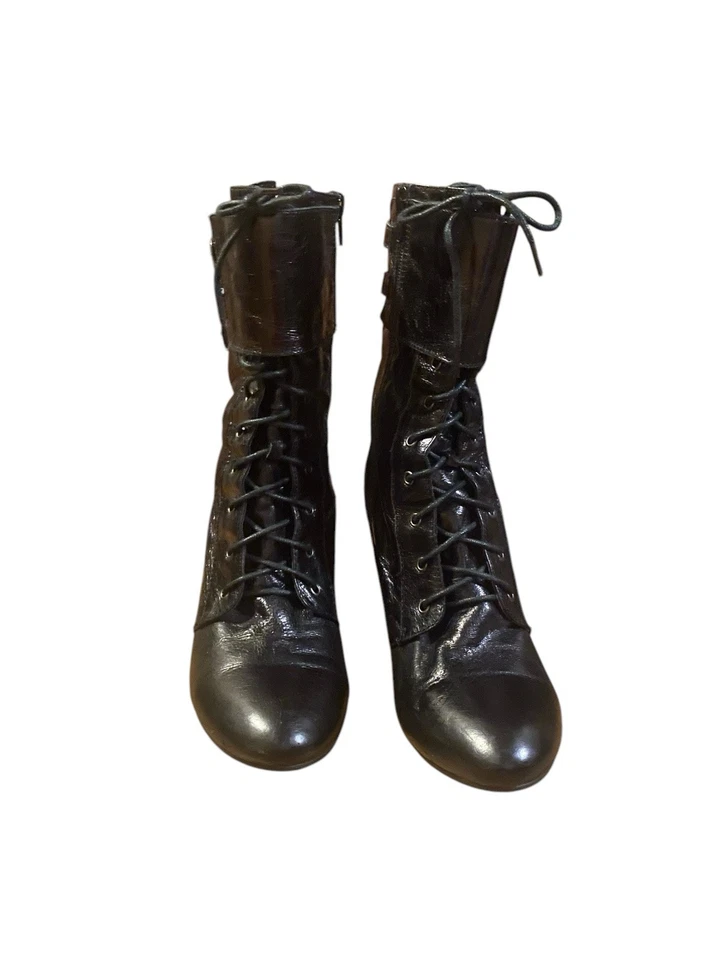 Miz Mooz “ Jules” Black Patent Leather Lace Up Buckle Heel Ankle Boots Size 7.5 - Image 3 of 4