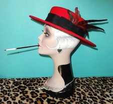 Vintage Red Wool Church Hat w/ Feathers pinup retro Kentucky Derby 1960s gastby