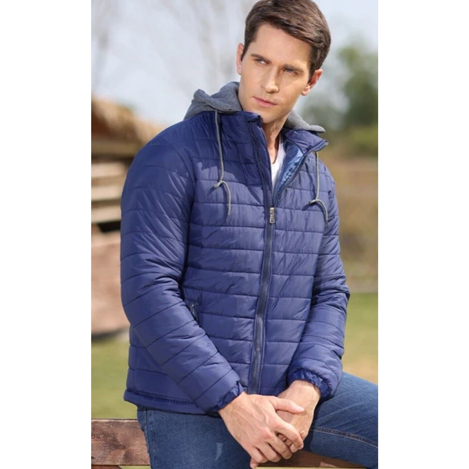 Men's Large Royal Blue Hooded Jacket with Zip Front