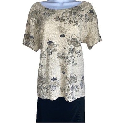 VTG White Stag Women's Plus Size XL Crinkle Floral Boho XL Beige Stretchy Blouse