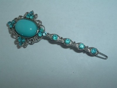VINTAGE AQUA BLUE LUCITE SILVER TONE METAL HAIR BARRETTE UP DO HAIR ACCESSORY