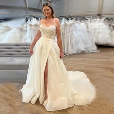 Bling A-line Wedding Dress Woman Bride Spaghetti Strap High Slit with Appliques