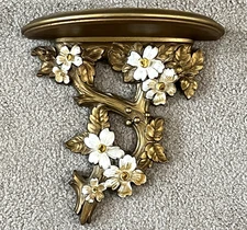 Vintage Syroco Wood MCM Flowered Wall Shelf Gold/White