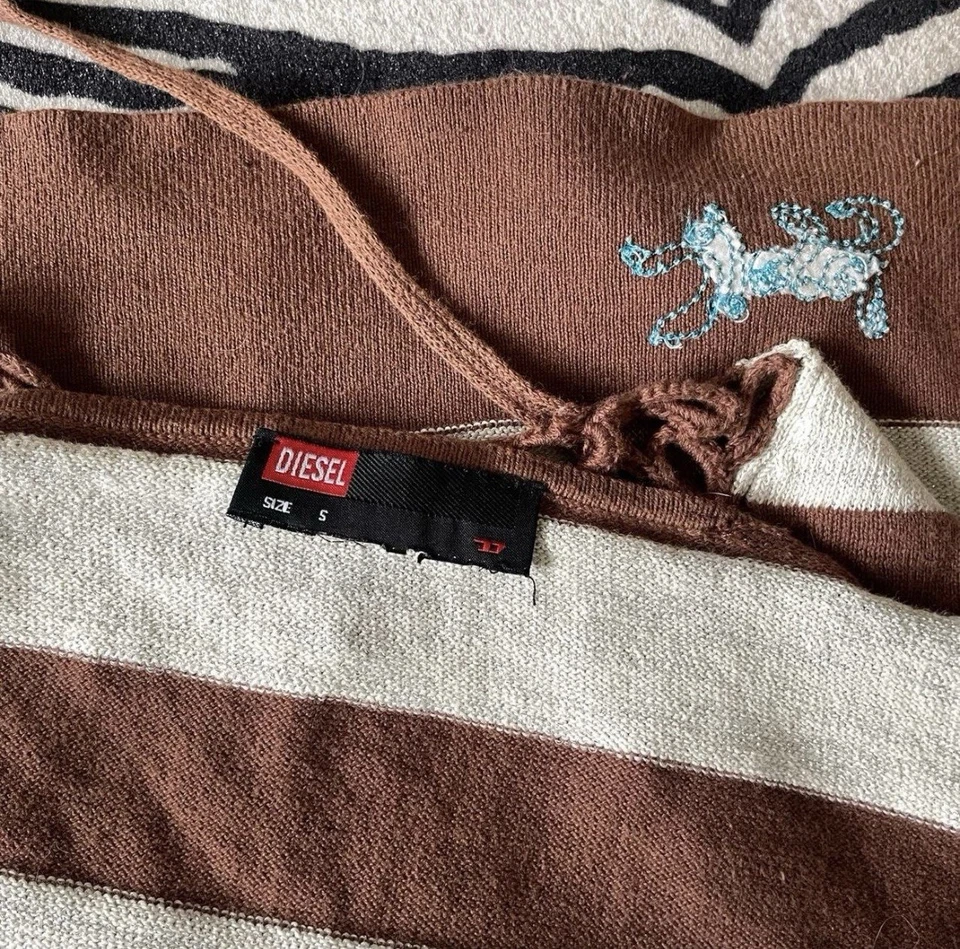 Camiseta sin mangas Diesel Y2K rara marrón blanca a rayas azul brillante crochet halter talla S Foto 2 de 4