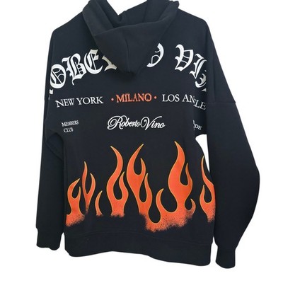 Roberto Vino Milano Members Club Flame Pullover Hoodie Black Medium Streetwear