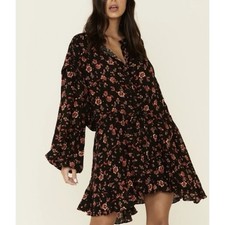 Free People Flower Fields Mini Dress Black Orange Red Small Boho Cottage Beachy