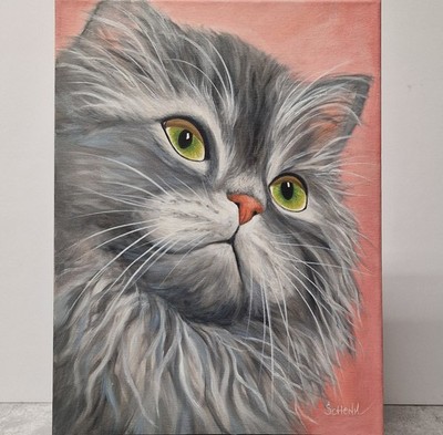 Cat art Painting  Realistic Persian Blue Cat Portrait  Wall Art for Cat Lovers