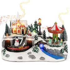 Animated Christmas Village (Rotating Train & Carousel)(Play 8 Christmas Songs...