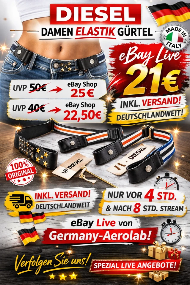 DIESEL Damen Elastik Gürtel Leder Stretch Uni Schwarz eBay Live Deal
