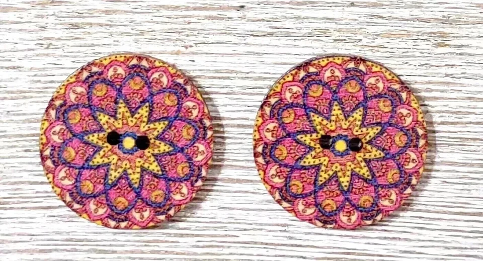 flowers boho wood sewing buttons 2 holes 1 inch (set #1204) 2pc - Image 2 of 2