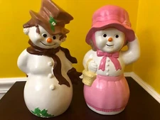 Pair Of Vintage Byron Molds Hand-Painted 10.5" Ceramic Holiday Snowman/Woman