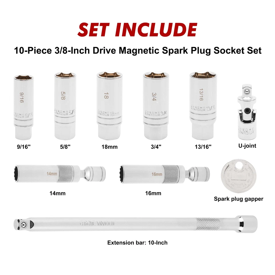 10PCS 3/8"Drive Magnetic Spark Plug Socket Set 6PT&12PT Extension Bar CR-V Steel - Image 2 of 4