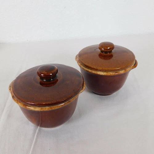 Hull Pottery Brown Drip Oven Proof Lot of 2 Custard Cup Ramekin Tab Handles Lids