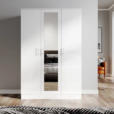 ELEGANT 3 Door Triple Mirrored Wardrobe White High Gloss with Hanging Rail & Shelves