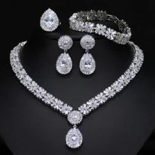 Silver Plated Cubic Zirconia Wedding Necklace Bracelet Earrings Ring Jewelry Set