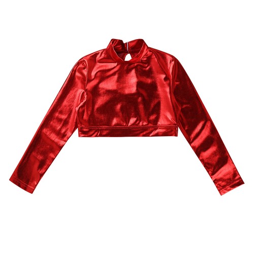 Kids Girls Shiny Crop Top Long Sleeves T-Shirt Tops for Gymnastics Hip-Hop Dance - Picture 38 of 70