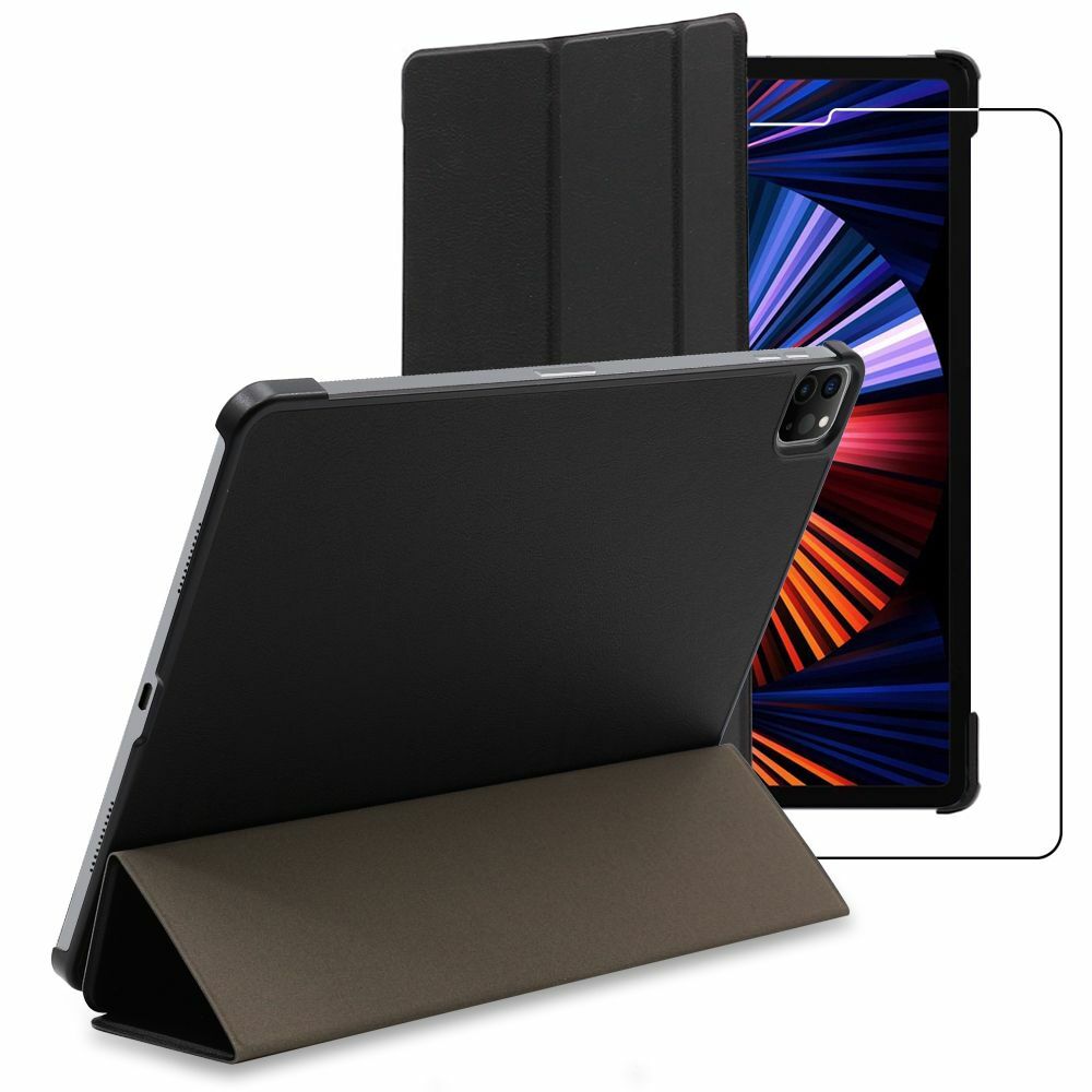 Housse iPad Pro 12.9 M1 2021 avec coque noire en silicone et son verre trempé de protection