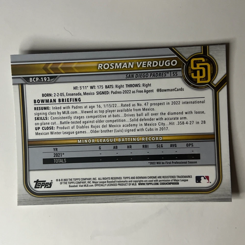 2022 Bowman Chrome Mojo Refractor Rosman Verdugo #BCP-193 Padres - Image 2 of 2