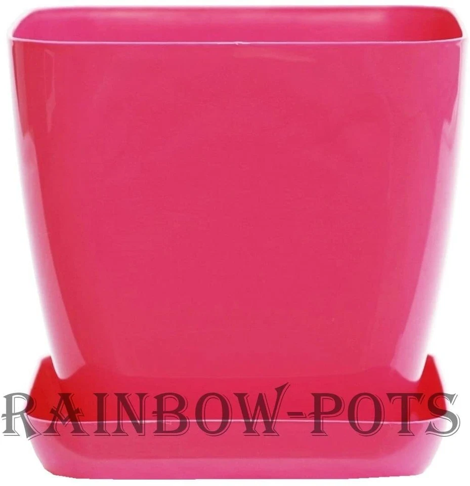 Plastic Flower Plant Pots Modern Square Gloss Orchid + Saucer SET 1 - 2 - 3 - 5 - Image 4 of 4