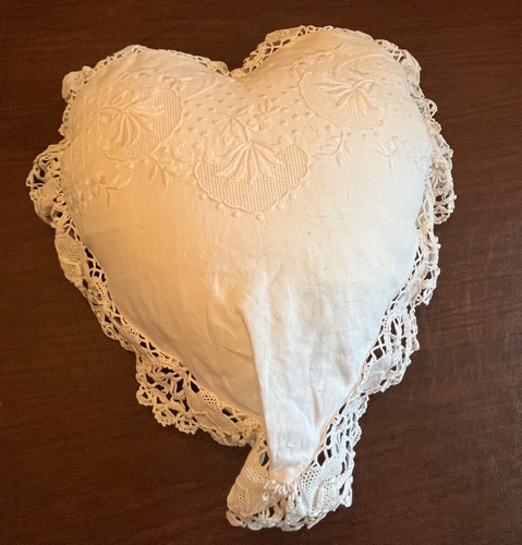 Romantic Cottage Core White Heart Shaped Throw Pillow. Embroidered, Lace