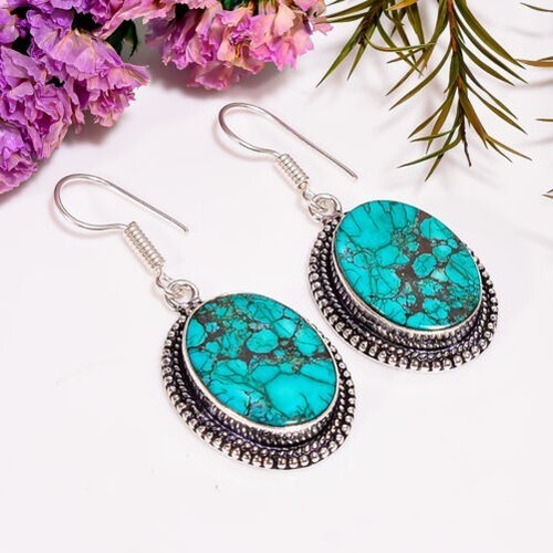 Boucles D'oreilles Artisanal En Turquoise Et Argent Tibétain - Crochets En Argent 925 - Neuf Avec étiquettes