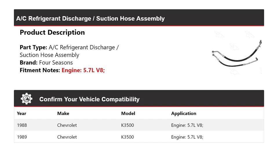 Conjunto de manguera de línea de succión de descarga para Chevrolet K3500 1988-89 4 estaciones Foto 2 de 4