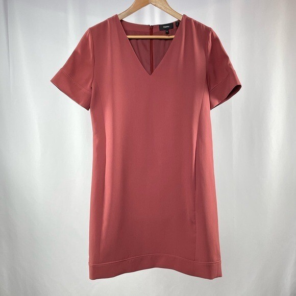 Theory V Neck Banded Shift Admiral Crepe Light Dress in Deep Rose 