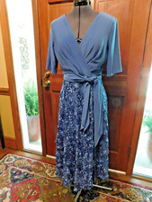 BEAUTIFUL BLUE ALEX EVENINGS LACE ROSETTE TEA LENGTH BLUE FORMAL DRESS S 6