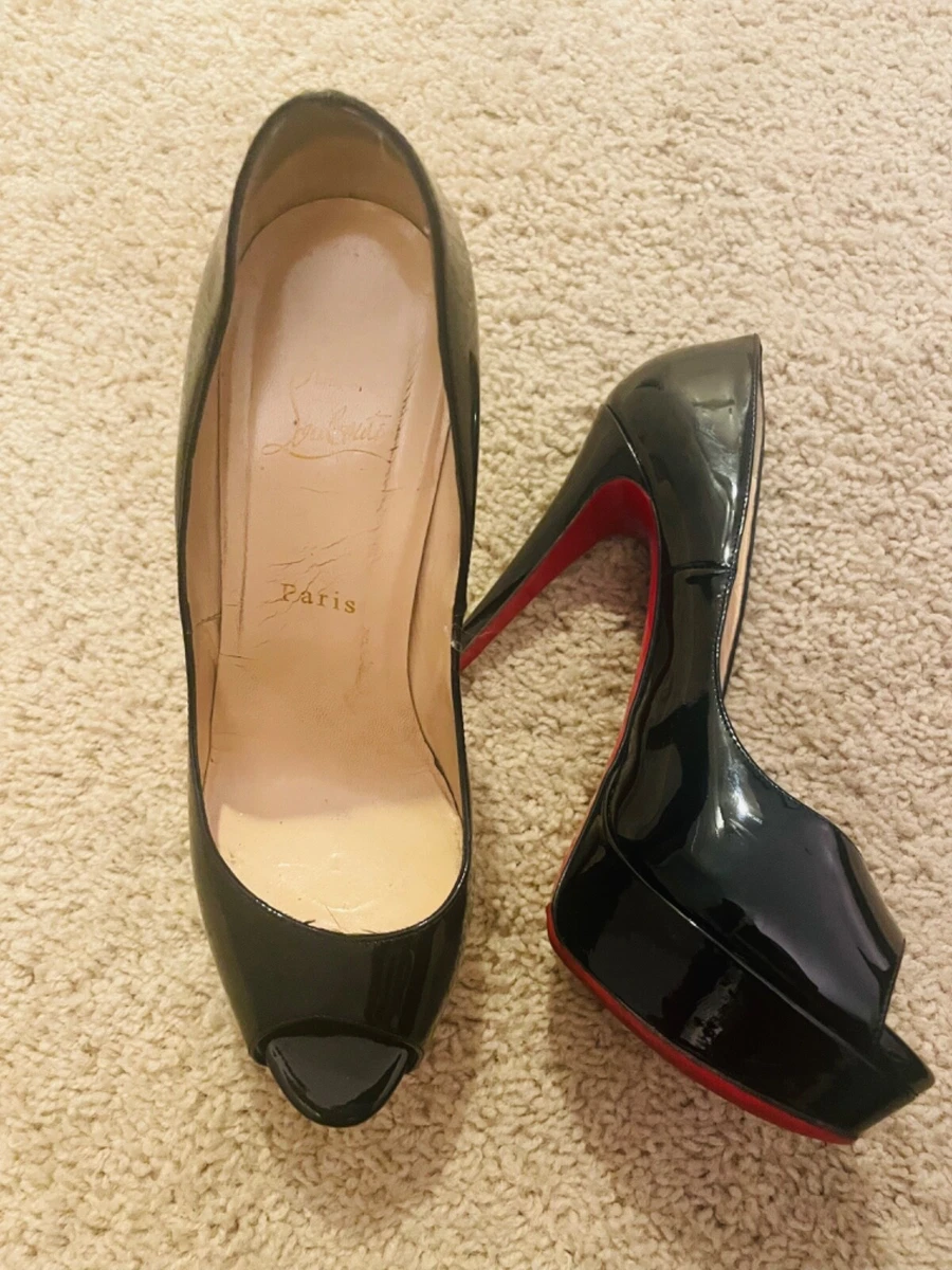 Christian Louboutin Lady Peep Toe Black Patent High Heels 39.5