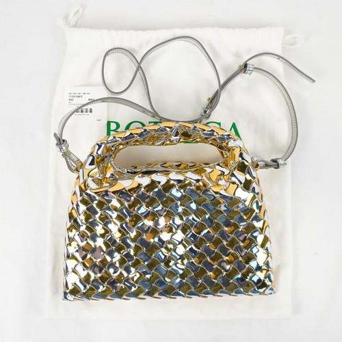 Bottega Veneta Hop Intrecciato Patent Leather Shoulder Bag In Silver And Gold