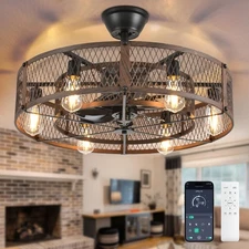 Outdoor Ceiling Fan with Light: 26" Caged Ceiling Fans with Remote App Contro...