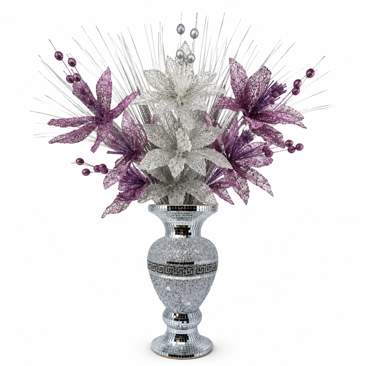 Silver & Purple Zig Zag Vase with Decorative Flowers 65cm Luxury Home Décor