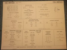 1956 Chrysler New Yorker 354 V-8 Engine Sun Tune-up Chart Useful Item 1956 Chrysler New Yorker 354 V-8 Engine Sun Tune-up Chart Useful Item