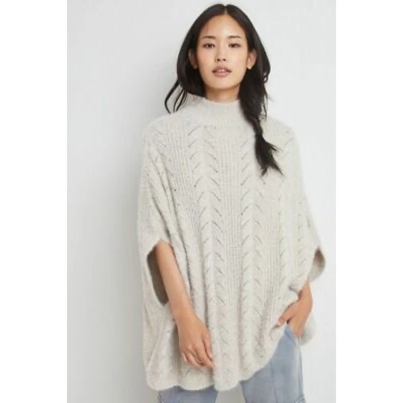 Akemi + Kin Pointelle Oversized Mock Neck Poncho Sweater One Size Ivory Knit