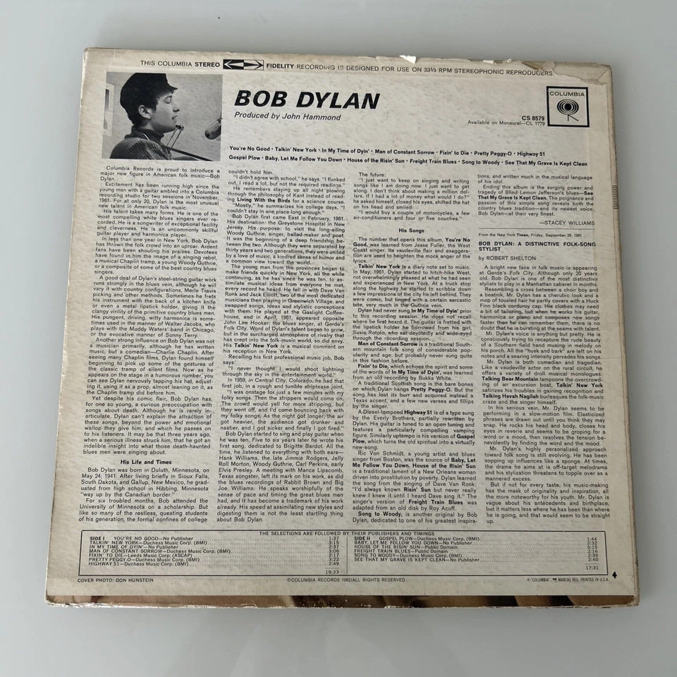 1962 "BOB DYLAN"--his first LP--STEREO (U.S.) 1st PRESSING; COLUMBIA 6 EYE LABEL - Image 2 of 4