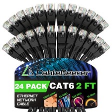 24-Pack 2-Foot Cat6 Ethernet Cables, Black, Snagless RJ45, LAN, Network, Cord