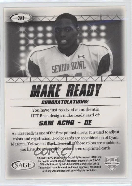 2011 SAGE Hit Make Ready Black /50 Sam Acho #30 Rookie RC - Image 2 of 2