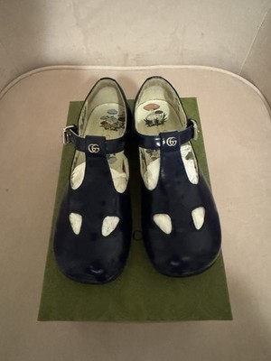 Gucci Girls Navy Patent Leather Mary Jane T-Strap Flats GG Logo EU 30 US 12