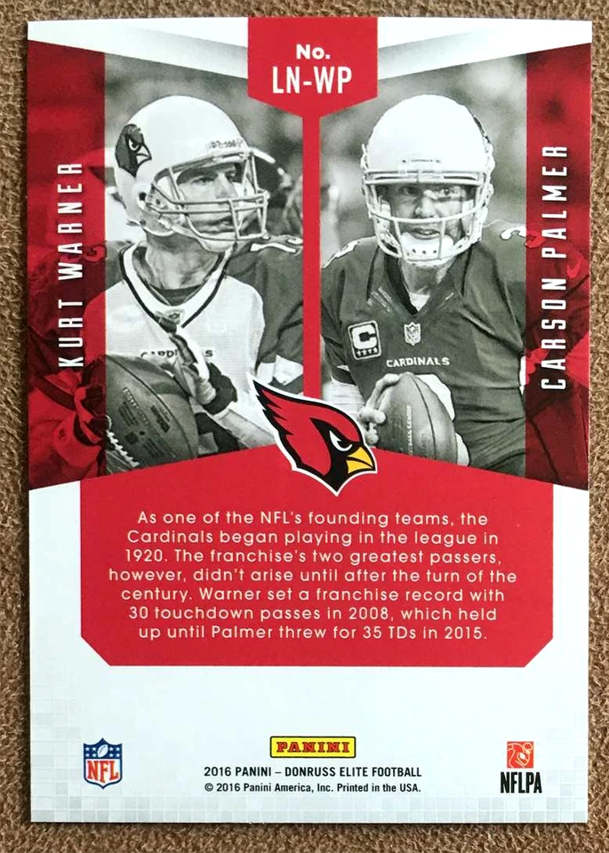 2016 Donruss Elite Lineage Green #LN-WP Kurt Warner/Carson Palmer Cardinals Card - Image 2 of 3