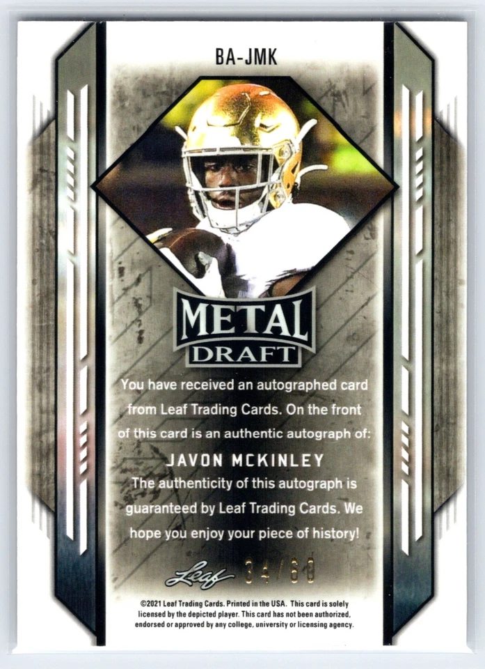 2021 Leaf Metal Draft Silver Marble /60 Javon McKinley #BA-JMK Rookie Auto RC - Image 2 of 3