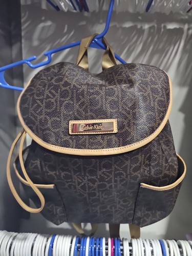 Calvin Klein Women's Backpack Purse, Brown Leather Logo Pattern