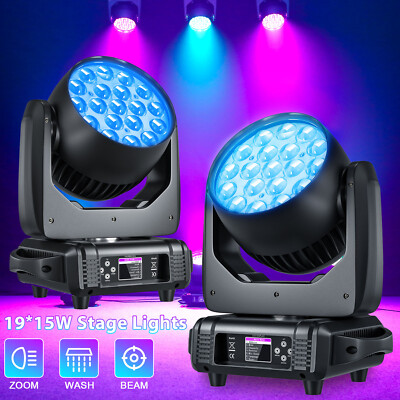 2PCS 19x15W RGBW Zoom Beam Moving Head Light Wash DJ Stage Light DMX Halloween