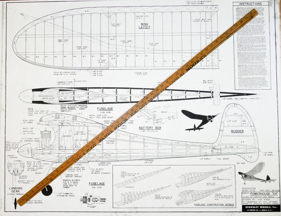 Berkeley POWERHOUSE 64 PLAN +PARTS PATTERNS to Build Dick Korda’s Model Airplane - Image 3 of 4