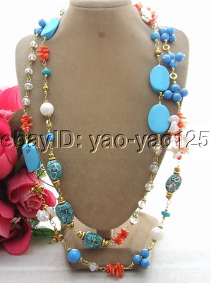 50'' Keshi Pearl Turquoise Coral Crystal Necklace Long necklace