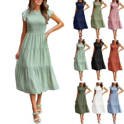Women's Summer Casual Crew Neck Dress Flutter Sleeve Elastic Waist Midi Dress