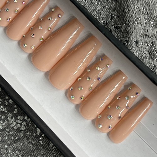 🔥CUSTOM Gel Press On False Nails, Nude W/ Bling , Long Coffin, 10p Mediun NEW - Picture 3 of 9
