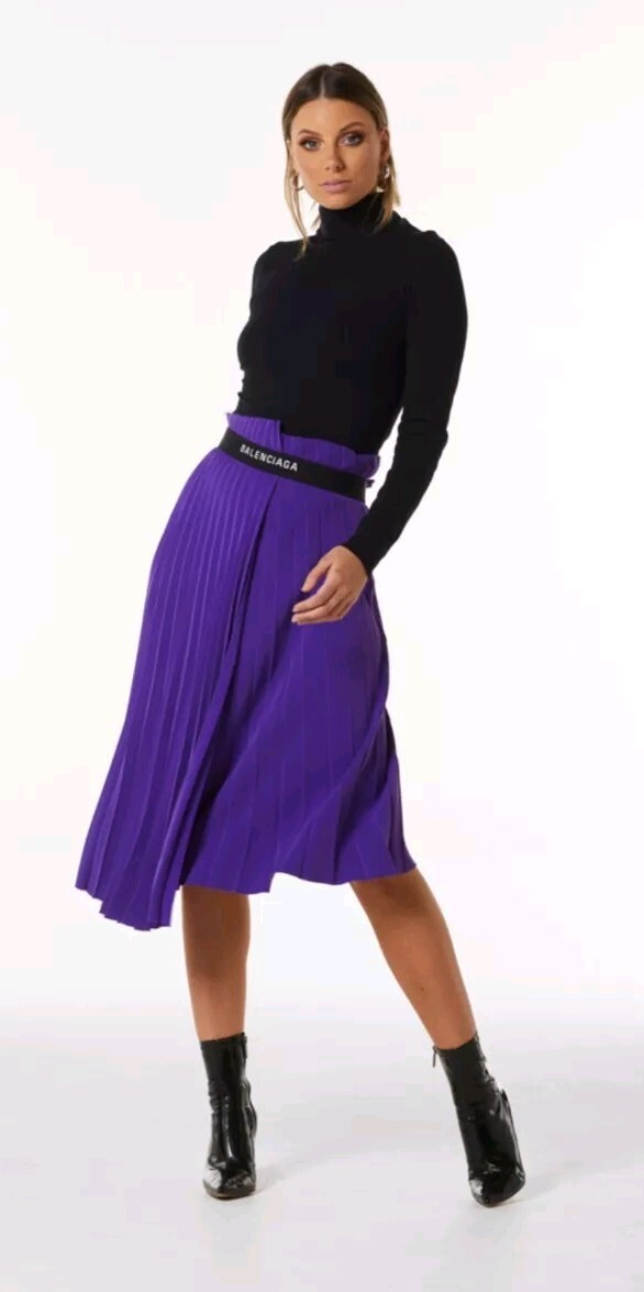 BALENCIAGA Logo Skirt Purple Pleated Asymmetric Midi Size 38 $1490