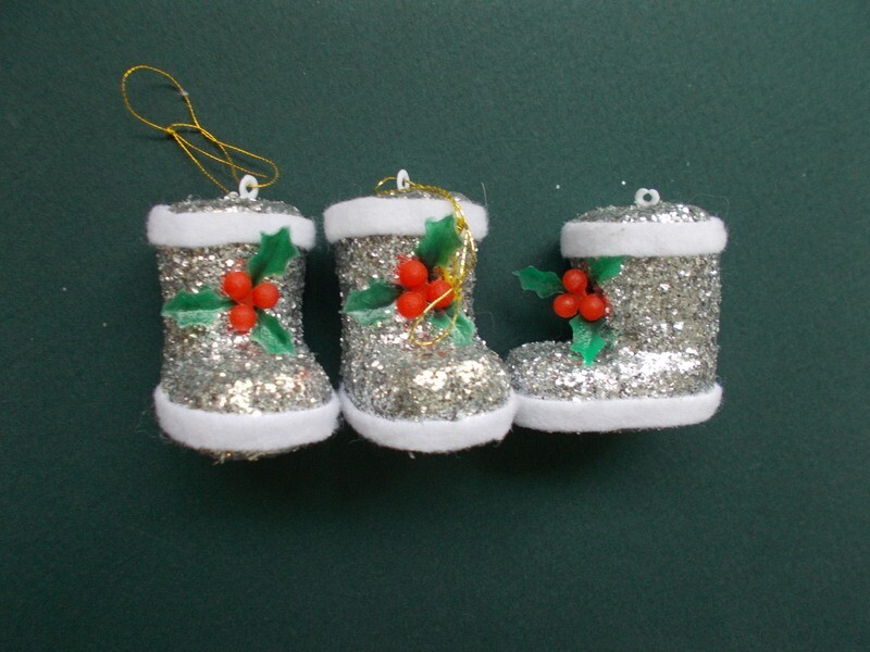 3 Christmas Santa's boots ornaments silver glitter 1" vintage