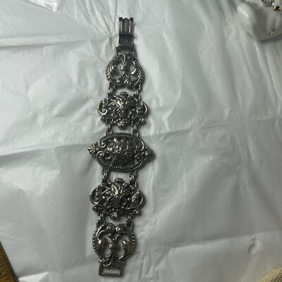 Vintage Baroque Pierced Metal Wide Panel Bracelet Gothic Lion Head 64g 7.5in